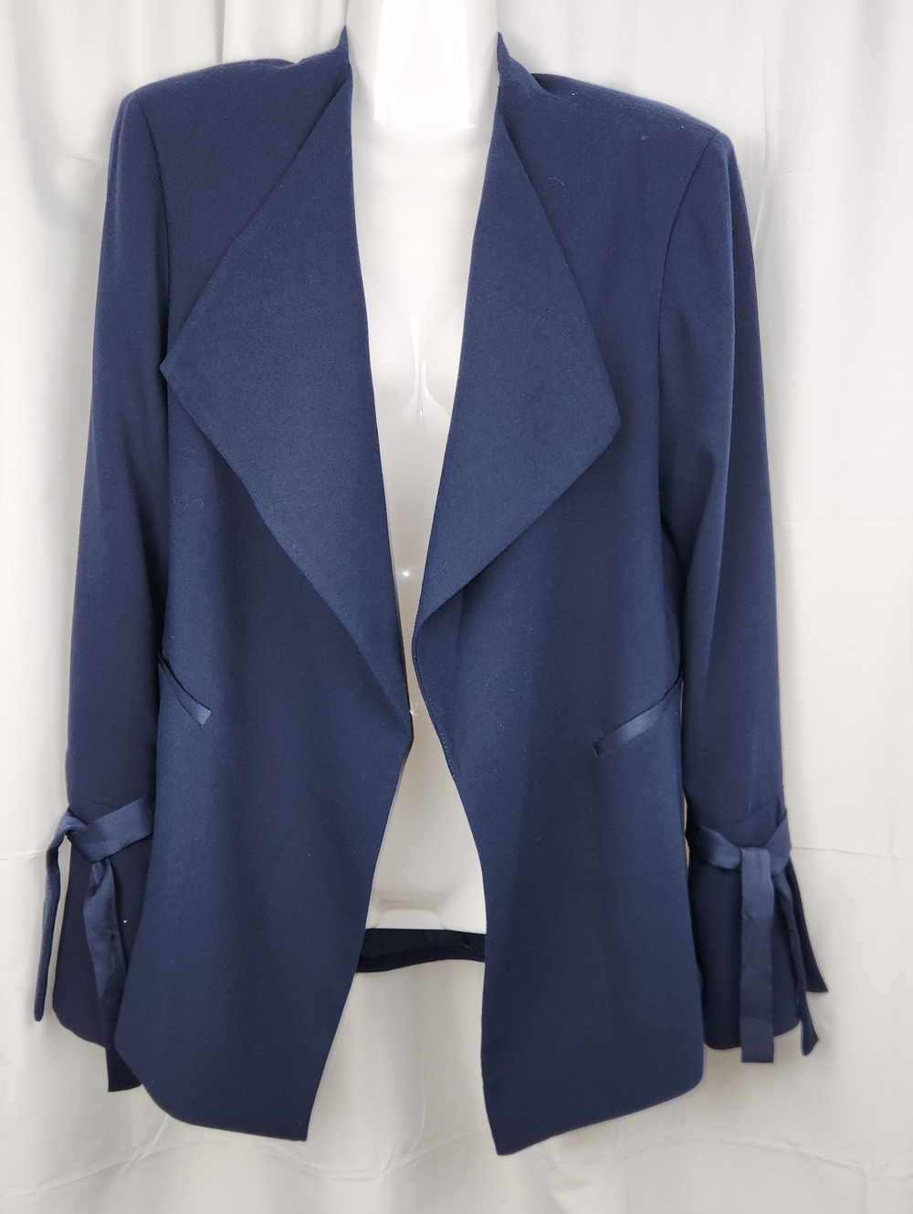 Willi Smith Vintage Navy Open-Front Draped Lined Blazer with Tie Bell Cuffs